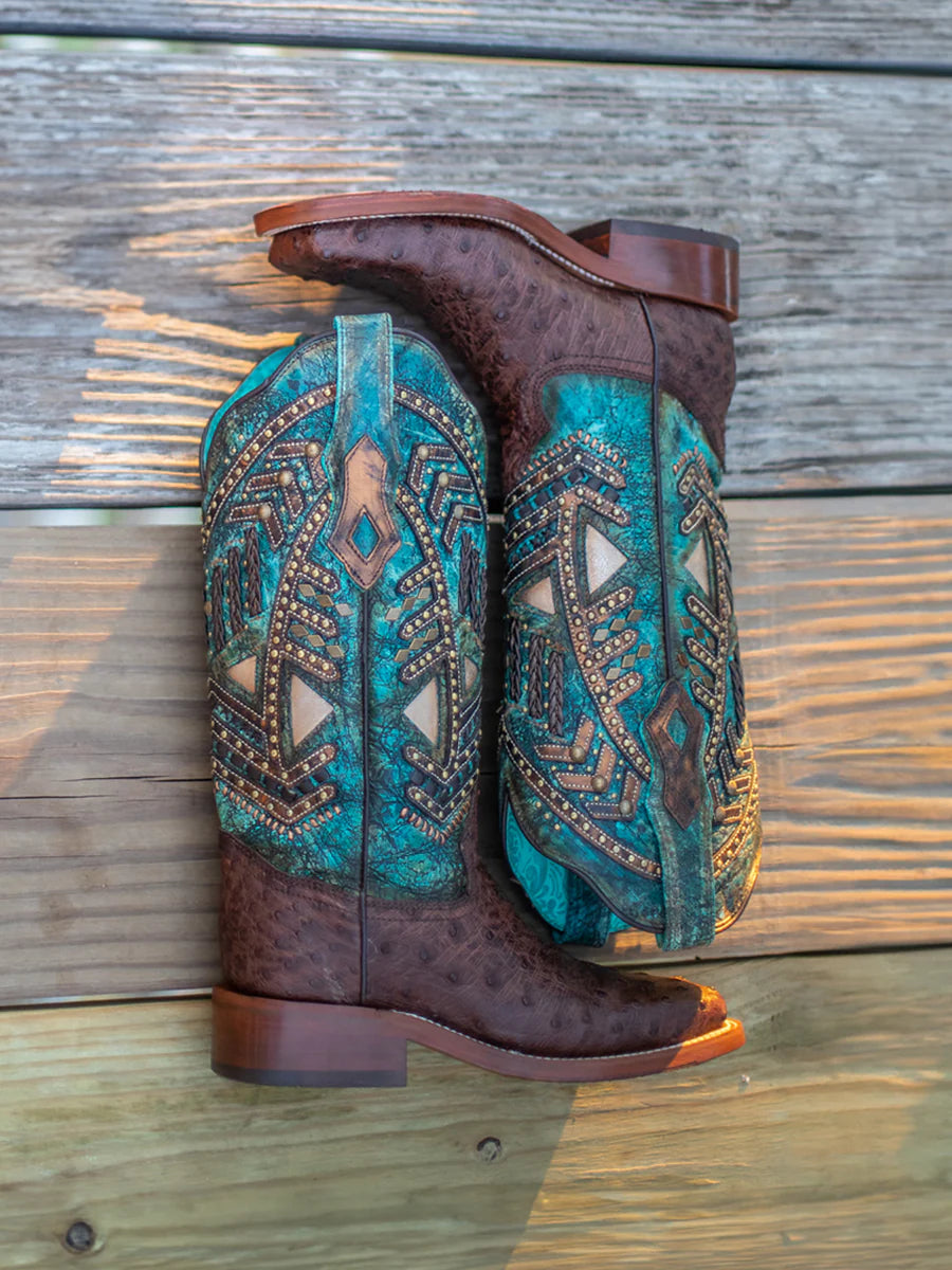 A4059 Women's Corral Brown/Turquoise Ostrich Overlay