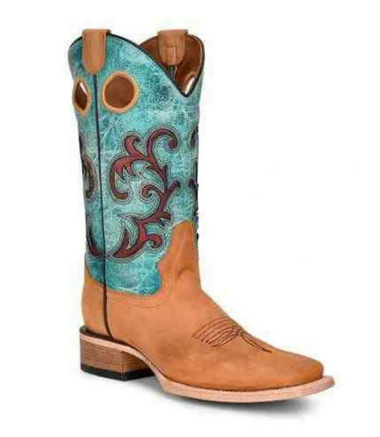 Circle G by Corral Women's Honey & Turquoise Inlay Embroidery Square Toe Boots - OLD FORT WESTERN