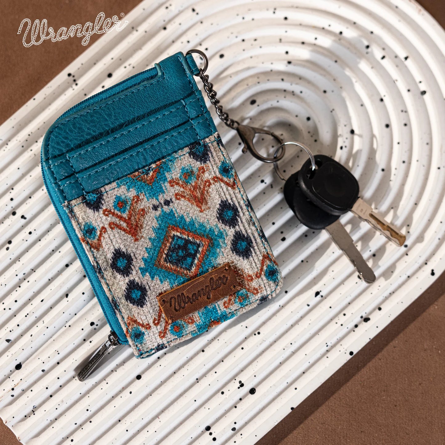 WG130-W005 Wrangler Southwestern Art Print Mini Zip Card Case - Turquoise