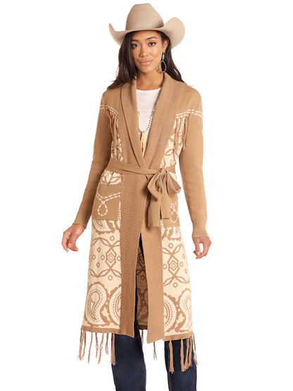 Panhandle LW95T04627 Womens Fringe Trim Sweater Duster Taupe Tan