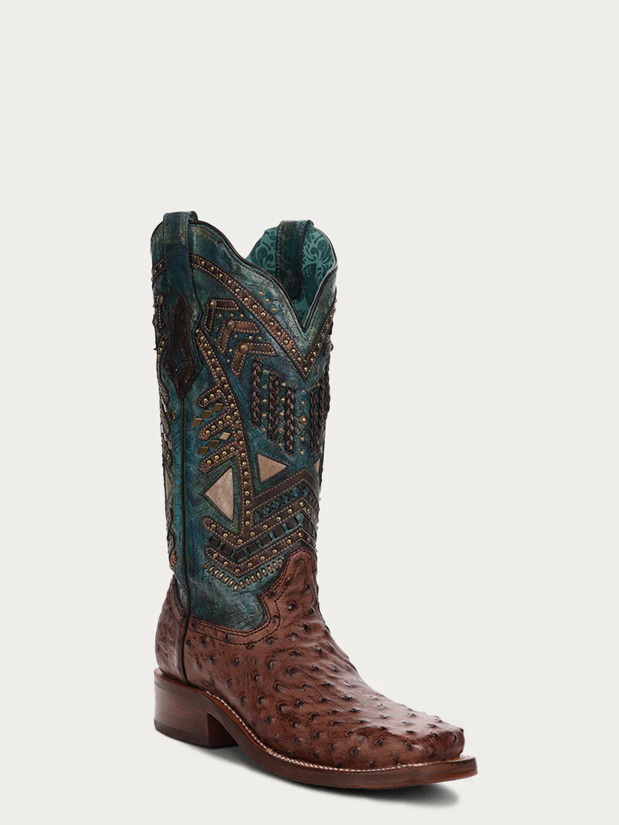 A4059 Women's Corral Brown/Turquoise Ostrich Overlay