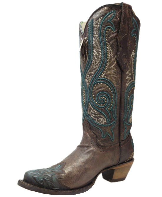 C3912 Corral Ladies Bronze & Turquoise Overlay Embroidery & Studs Snip Toe Cowgirl Boots