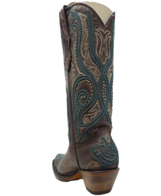 C3912 Corral Ladies Bronze & Turquoise Overlay Embroidery & Studs Snip Toe Cowgirl Boots
