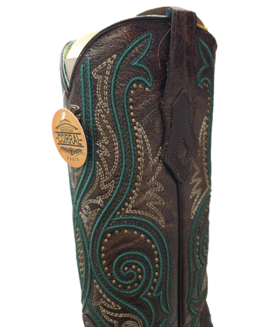 C3912 Corral Ladies Bronze & Turquoise Overlay Embroidery & Studs Snip Toe Cowgirl Boots