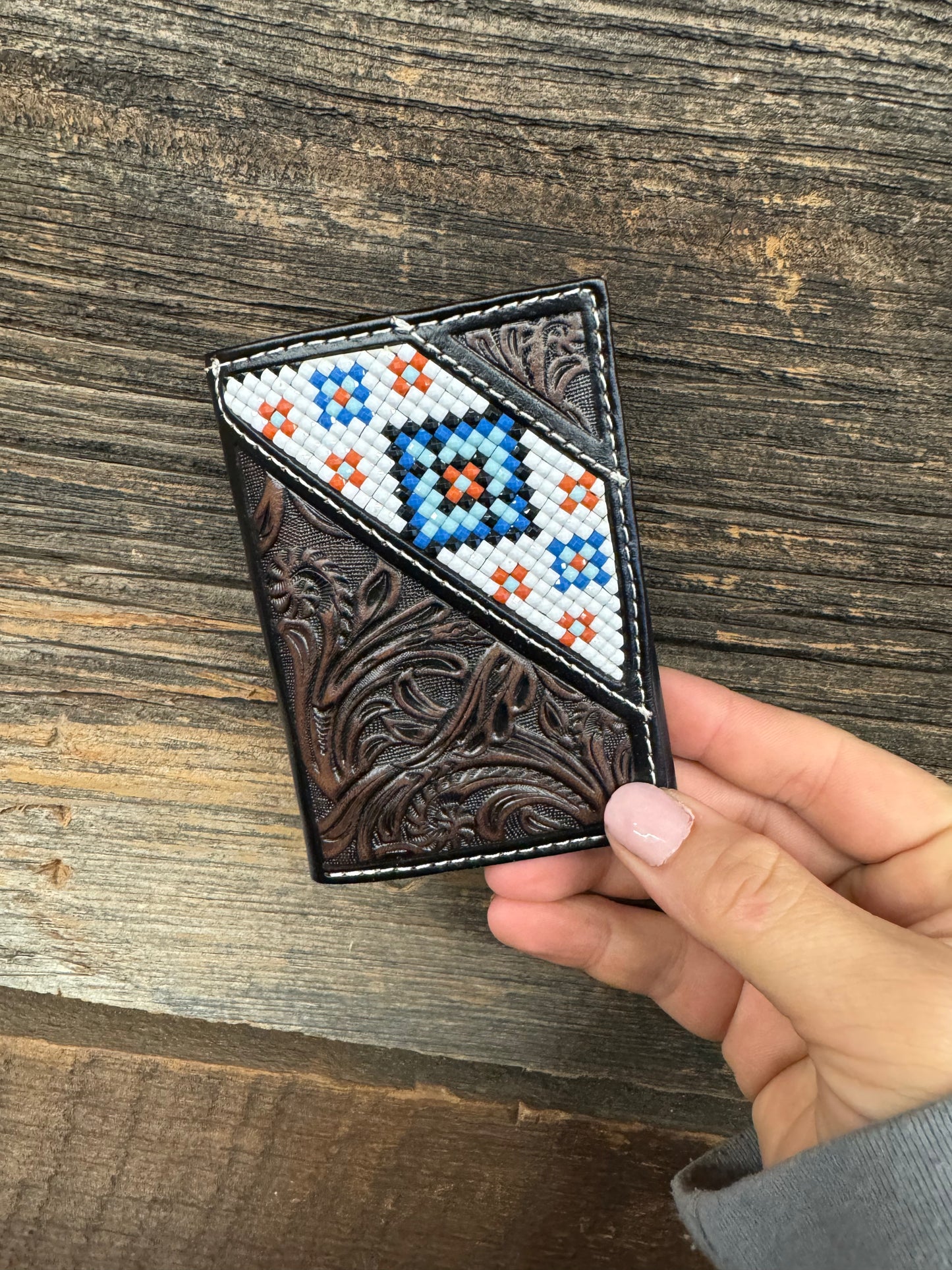 3D Mens Billfold Wallet Resin Bead Inlay Black Brown