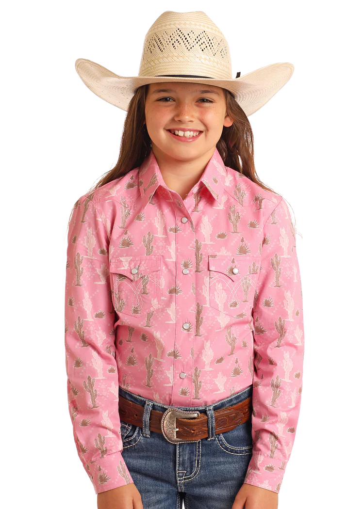 LGN2S06117 Girls' Cactus Print Long Sleeve Snap Shirt