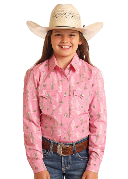 LGN2S06117 Girls' Cactus Print Long Sleeve Snap Shirt