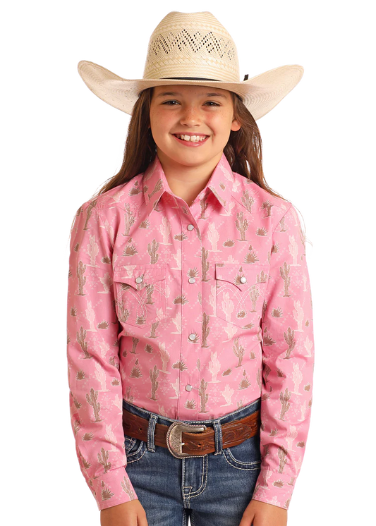 LGN2S06117 Girls' Cactus Print Long Sleeve Snap Shirt