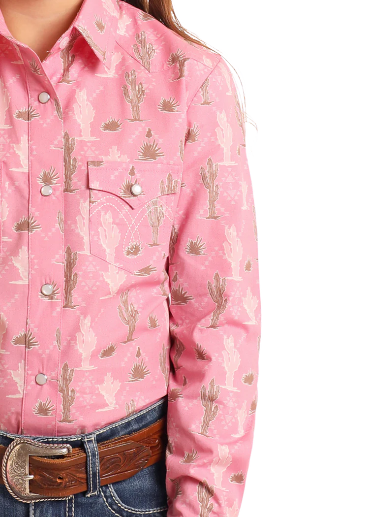 LGN2S06117 Girls' Cactus Print Long Sleeve Snap Shirt