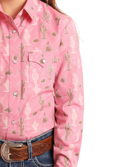LGN2S06117 Girls' Cactus Print Long Sleeve Snap Shirt