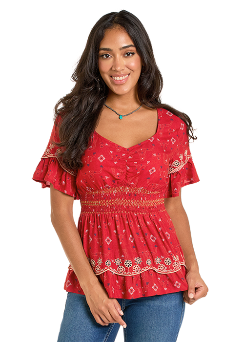 LW51T06348 WMS Smocked Waist Eyelet Top