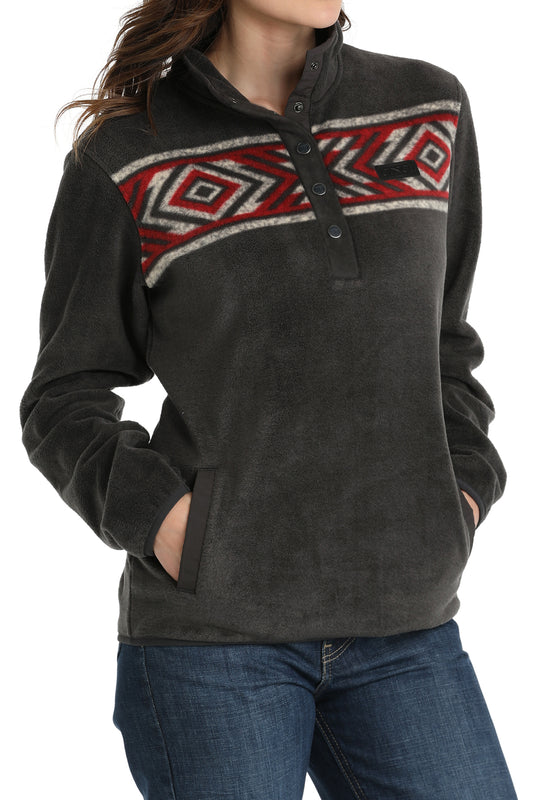 MAK9909001 Women's Fleece Pullover Charcoal Red Aztec