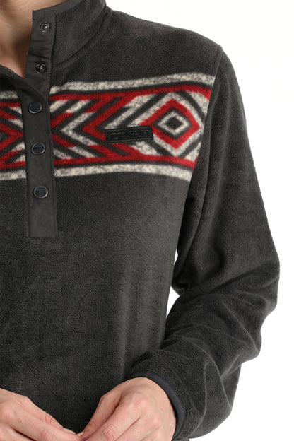 MAK9909001 Women's Fleece Pullover Charcoal Red Aztec