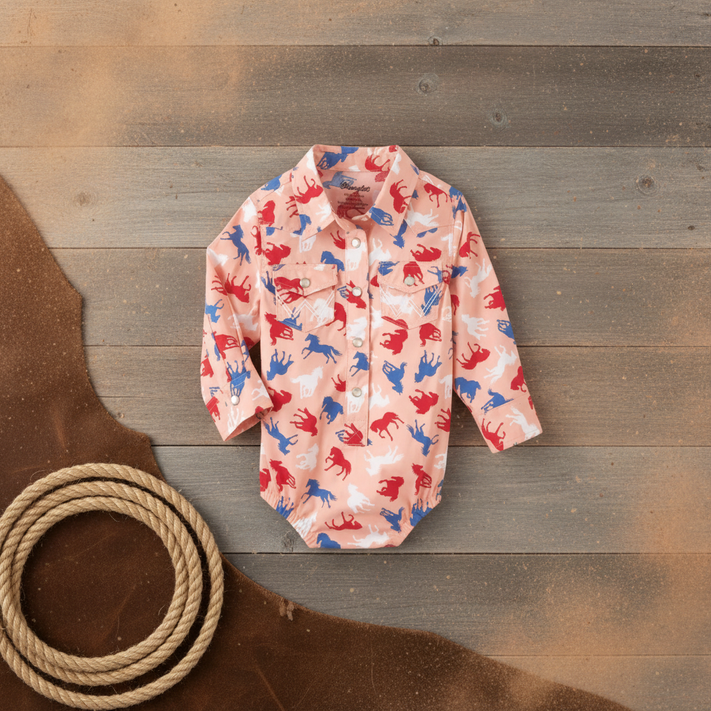 112346593 Wrangler® Baby Girl LS Pink Horse Bodysuit