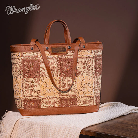 WG138-2002 Wrangler Paisley Pattern Dual Sided Print Tote- Brown