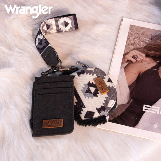 WG166-W0051 Wrangler Sherpa Southwestern Art Print Dual Pouch Wristlet -Black