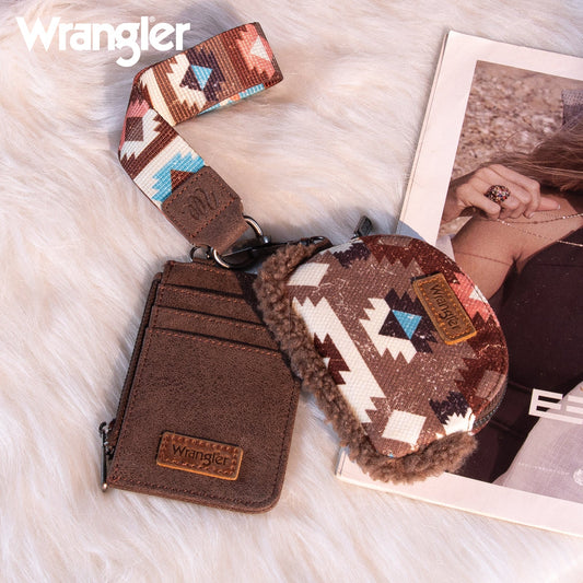 WG166-W0051 Wrangler Sherpa Southwestern Art Print Dual Pouch Wristlet -Coffee