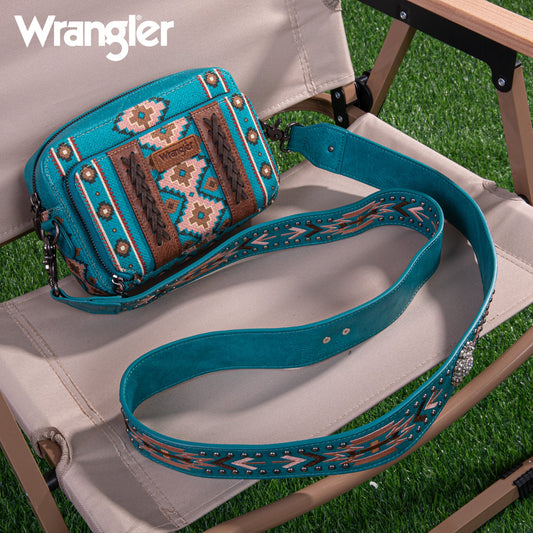 WG2207-3003 Wrangler Aztec Printed Crossbody Purse With Wallet Compartment - Turquoise