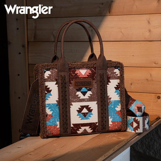 WG166-8120S Wrangler Sherpa Southwestern Print Small Canvas Tote/Crossbody Coffee