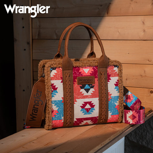 WG166-8120S Wrangler Sherpa Southwestern Print Small Canvas Tote/Crossbody - Brown