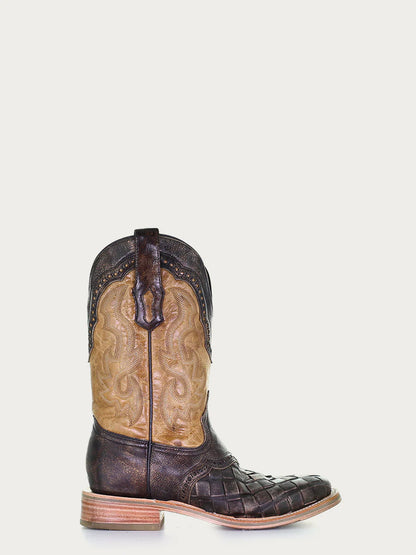 CORRAL MEN'S EMBROIDERY BROWN WOVEN WIDE SQUARE TOE HONEY COWBOY BOOT A4117