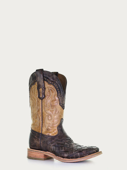 CORRAL MEN'S EMBROIDERY BROWN WOVEN WIDE SQUARE TOE HONEY COWBOY BOOT A4117