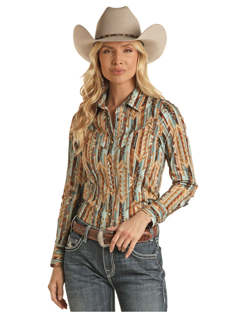 Rock & Roll Denim Womens Shared Core Snap Shirt Brown - OLD FORT WESTERN