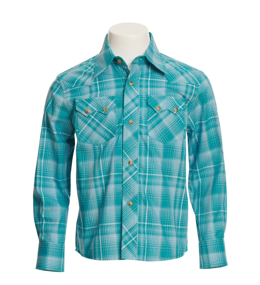 Wrangler Retro Boys' Turquoise White and Light Turquoise Plaid Double Snap Long Sleeve Western Shirt - OLD FORT WESTERN