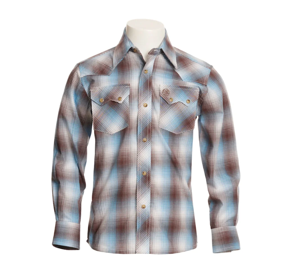Wrangler Retro Boys' Chocolate Light Blue and White Plaid Double Snap Long Sleeve Western Shirt - OLD FORT WESTERN