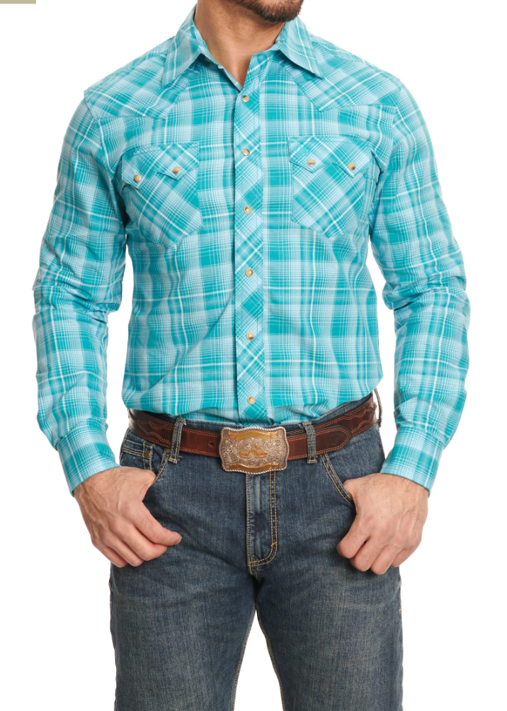 Wrangler Retro Men's Dark Turquoise and Light Turquoise Plaid Classic Fit Long Sleeve Shirt - OLD FORT WESTERN