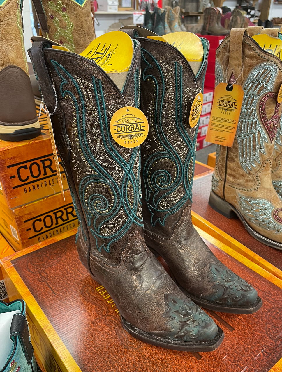 Corral Ladies Bronze & Turquoise Overlay Embroidery & Studs Snip Toe Cowgirl Boots - OLD FORT WESTERN