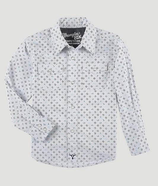 Boys Wrangler Shirt 20X® ADVANCED COMFORT WESTERN SNAP PRINT SHIRT IN BLUE QUATREFOIL - OLD FORT WESTERN